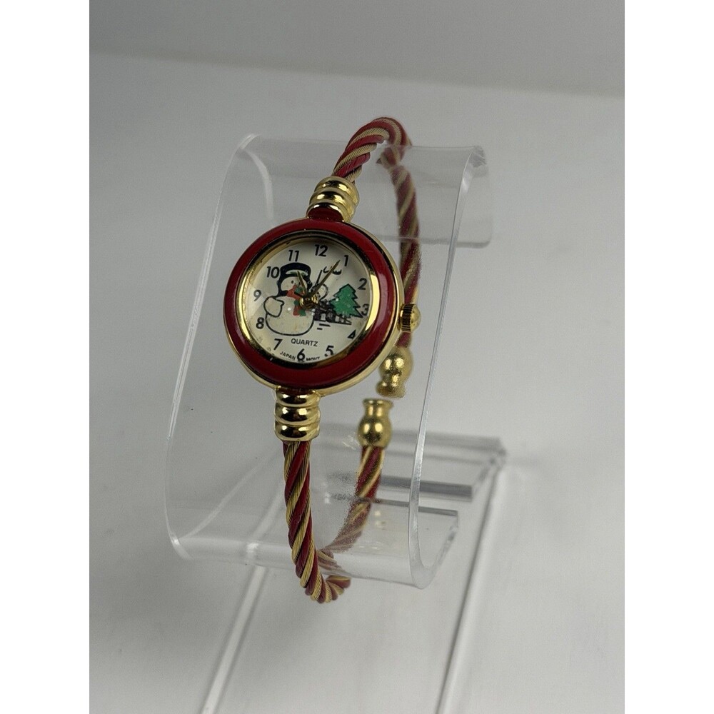 E.T.C. Christmas Snowman Women’s Quartz Red Cuff Bracelet Watch Fresh Battery